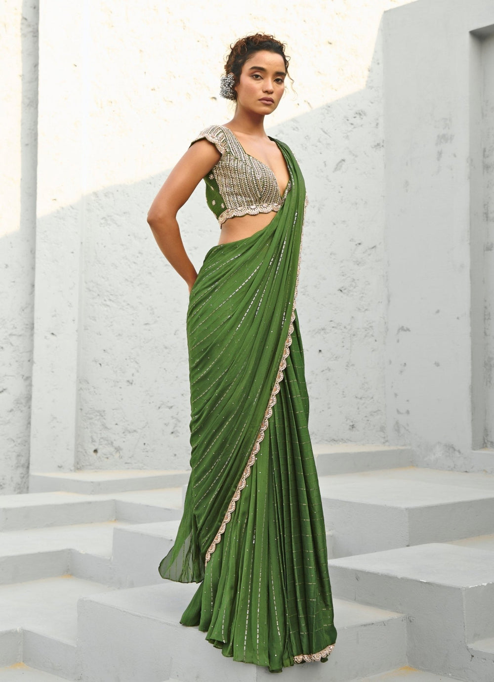 Green Sequin Embroidered Pre Stitched Georgette Saree Chamee and Palak - Fabilicious Fashion