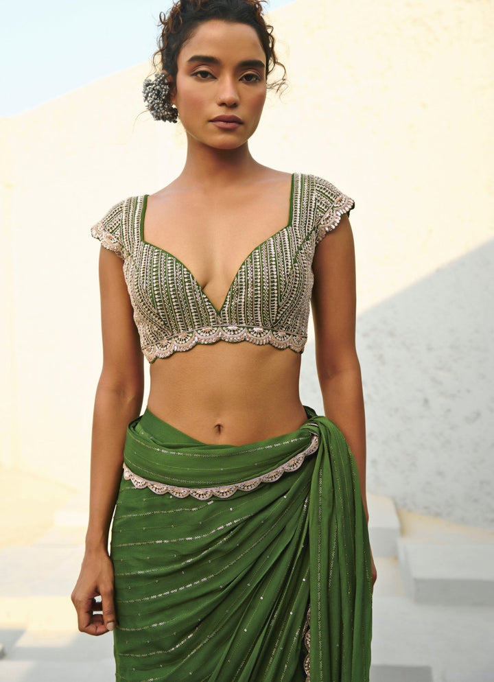 Green Sequin Embroidered Pre Stitched Georgette Saree Chamee and Palak - Fabilicious Fashion