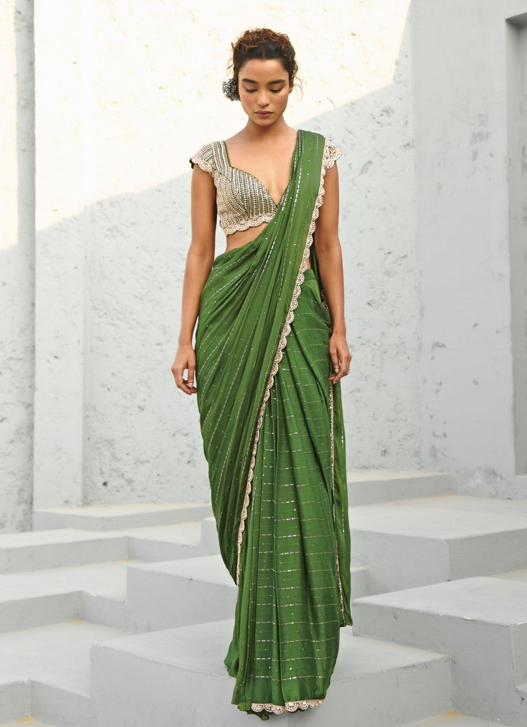 Green Sequin Embroidered Pre Stitched Georgette Saree Chamee and Palak - Fabilicious Fashion
