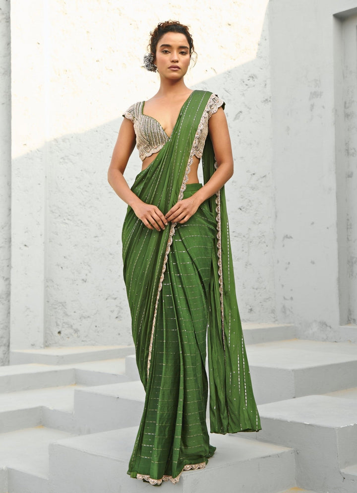 Green Sequin Embroidered Pre Stitched Georgette Saree Chamee and Palak - Fabilicious Fashion