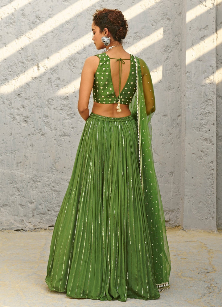 Green Sequin Embroidered Ruched Skirt Set Chamee and Palak - Fabilicious Fashion