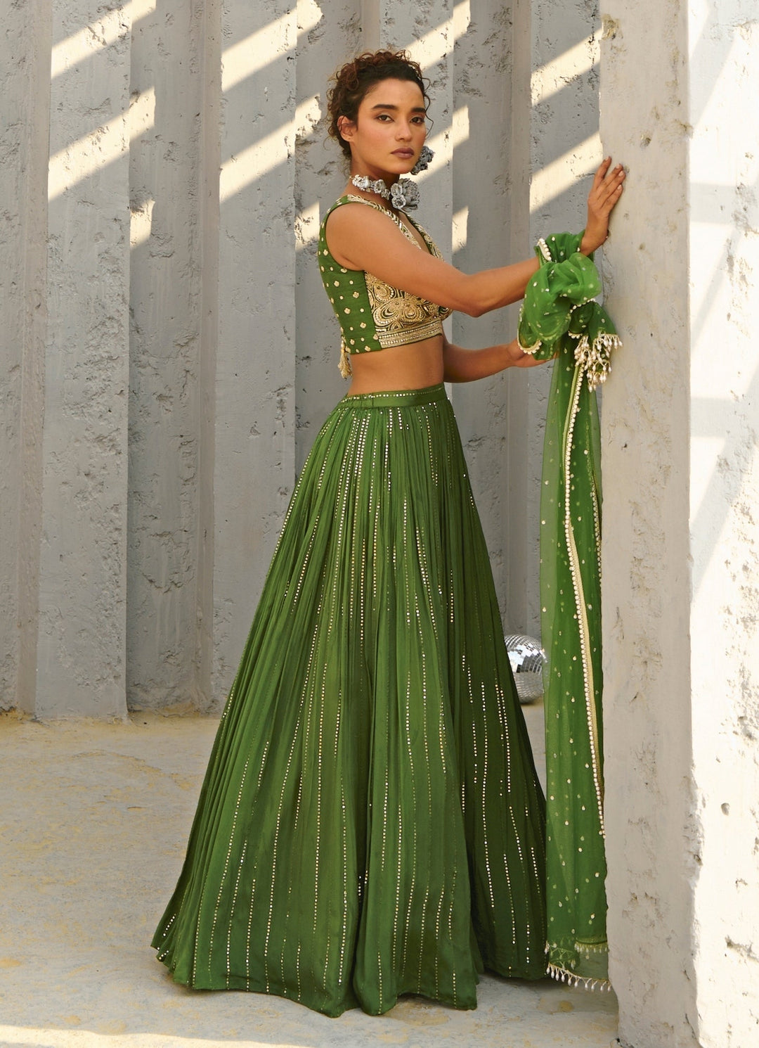 Green Sequin Embroidered Ruched Skirt Set Chamee and Palak - Fabilicious Fashion
