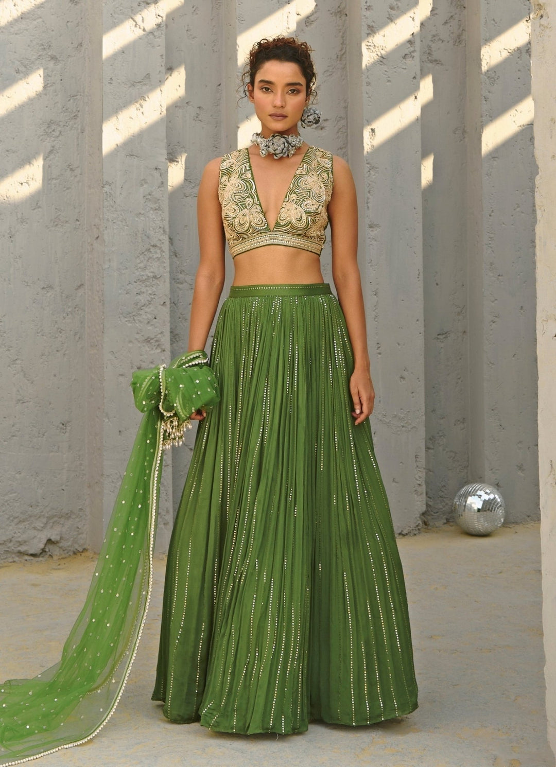 Green Sequin Embroidered Ruched Skirt Set Chamee and Palak - Fabilicious Fashion