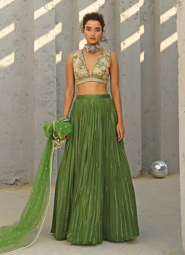 Green Sequin Embroidered Ruched Skirt Set Chamee and Palak - Fabilicious Fashion