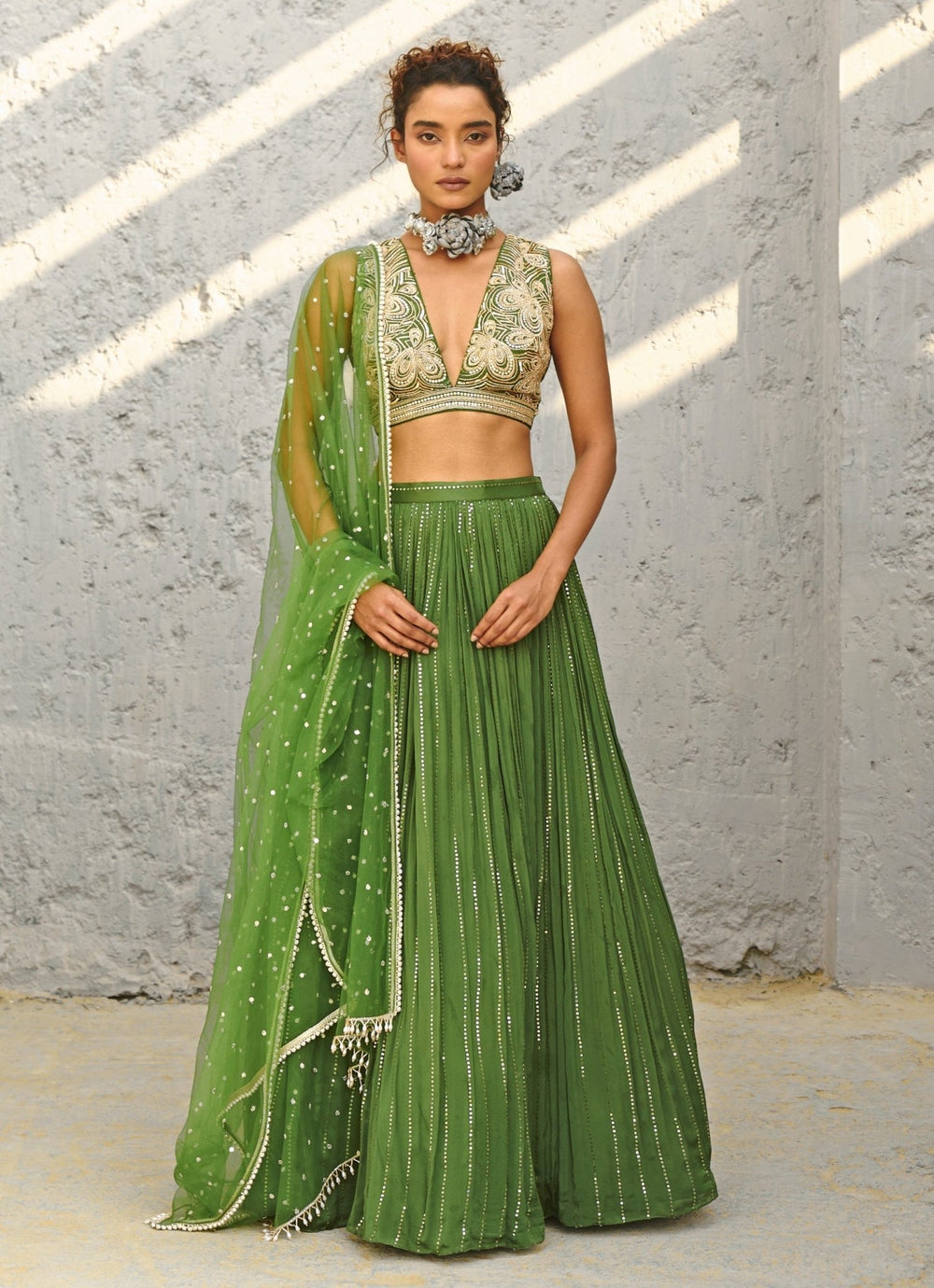 Green Sequin Embroidered Ruched Skirt Set Chamee and Palak - Fabilicious Fashion