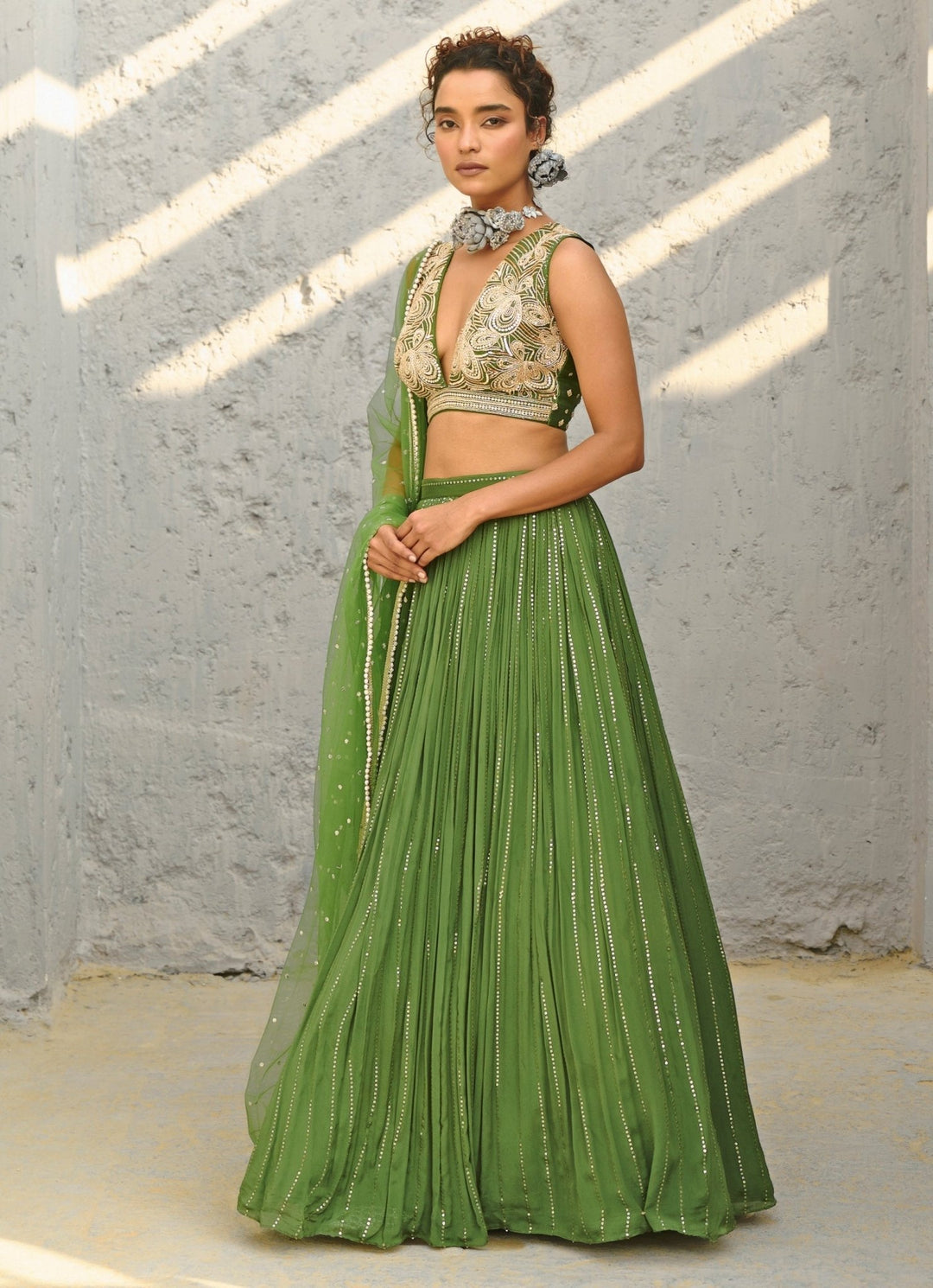 Green Sequin Embroidered Ruched Skirt Set Chamee and Palak - Fabilicious Fashion