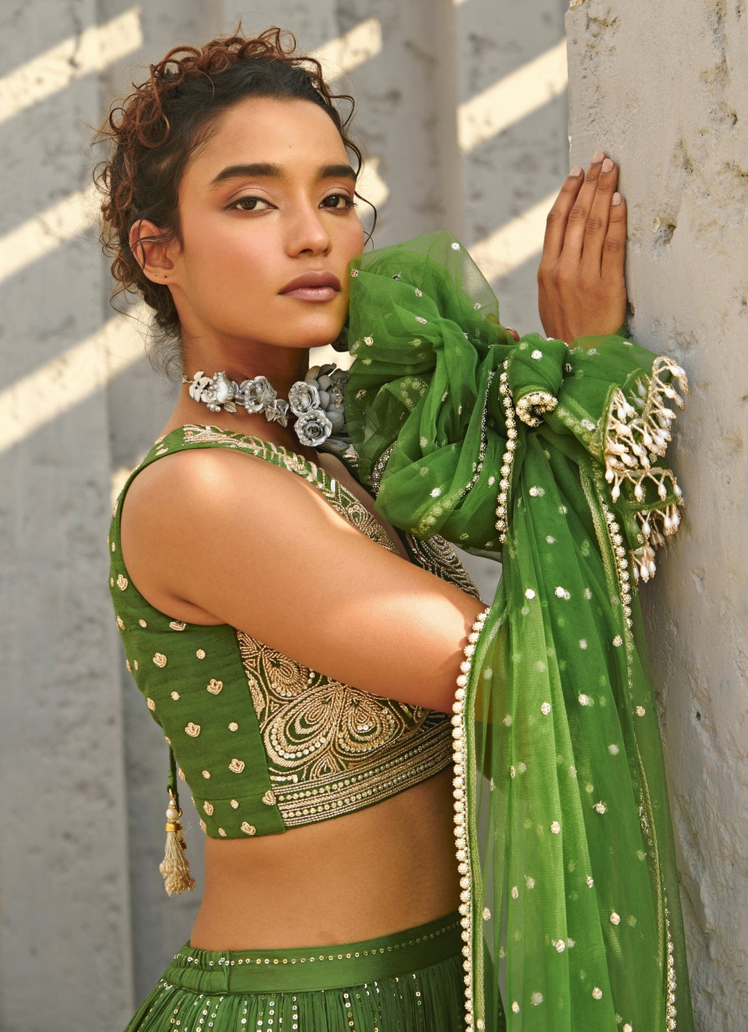 Green Sequin Embroidered Ruched Skirt Set Chamee and Palak - Fabilicious Fashion