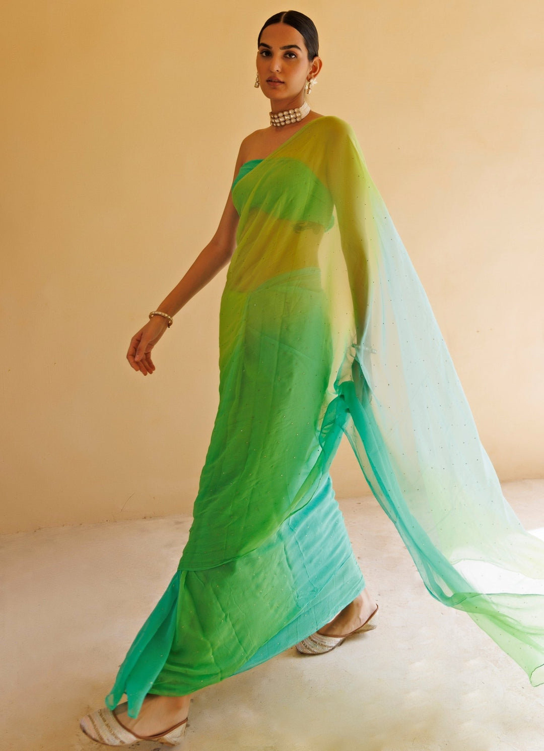 Green Shaded Chiffon Pre - Draped Saree Set Geroo Jaipur - Fabilicious Fashion