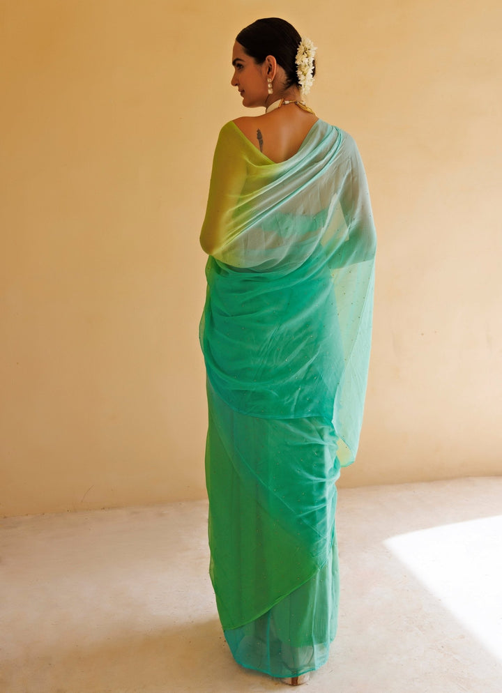 Green Shaded Chiffon Pre - Draped Saree Set Geroo Jaipur - Fabilicious Fashion