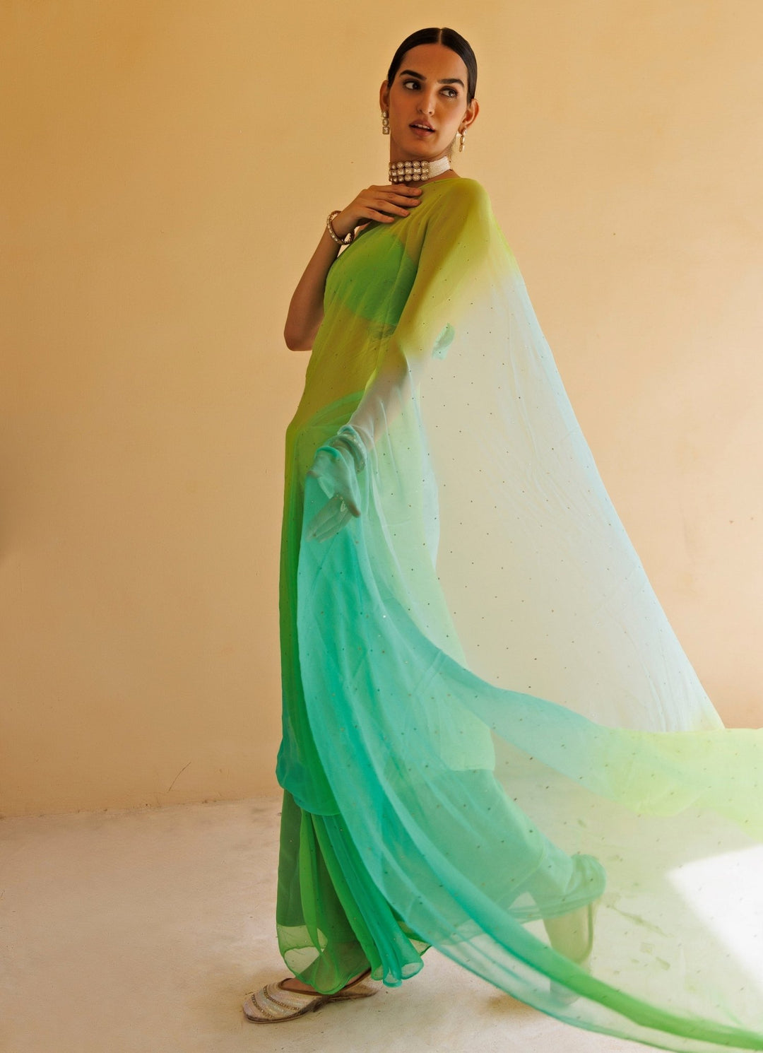 Green Shaded Chiffon Pre - Draped Saree Set Geroo Jaipur - Fabilicious Fashion