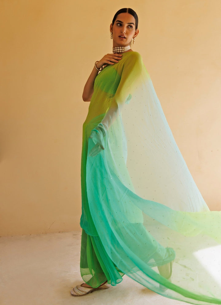 Green Shaded Chiffon Pre - Draped Saree Set Geroo Jaipur - Fabilicious Fashion