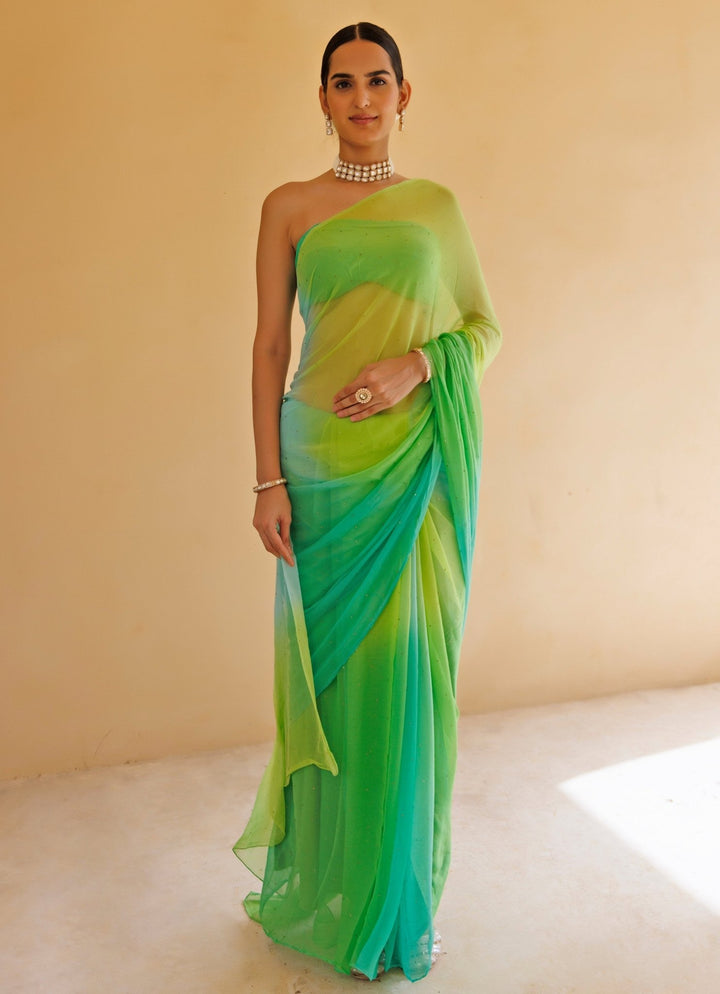 Green Shaded Chiffon Pre - Draped Saree Set Geroo Jaipur - Fabilicious Fashion