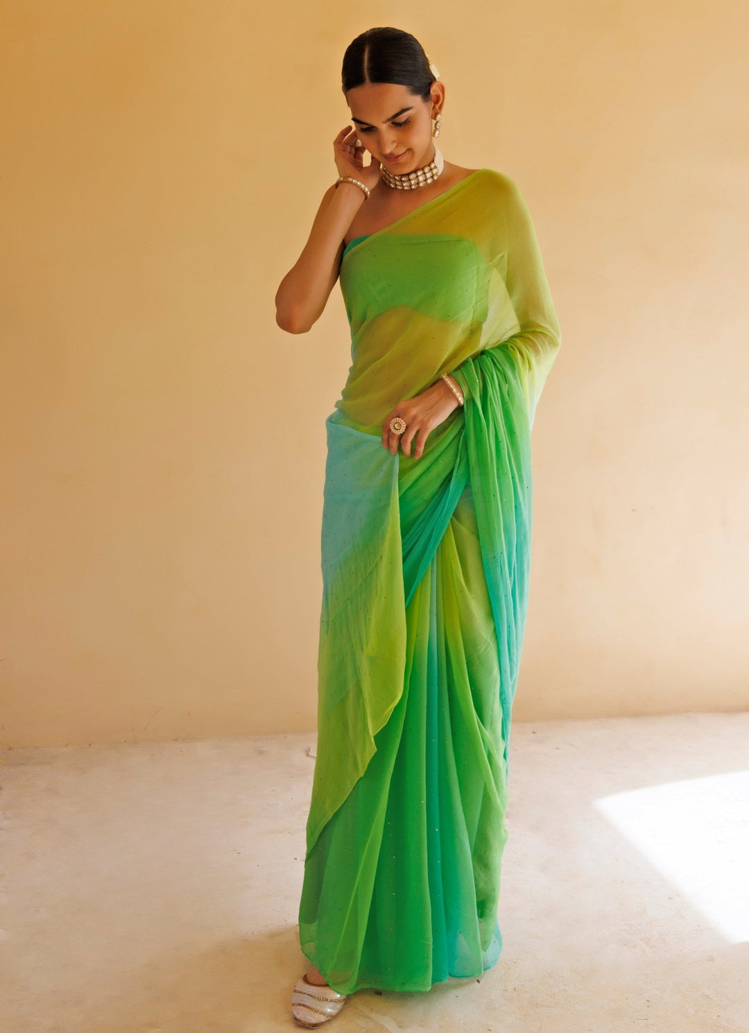 Green Shaded Chiffon Pre - Draped Saree Set Geroo Jaipur - Fabilicious Fashion