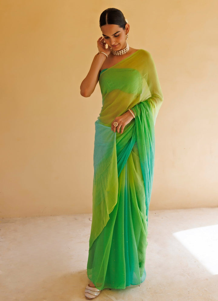 Green Shaded Chiffon Pre - Draped Saree Set Geroo Jaipur - Fabilicious Fashion