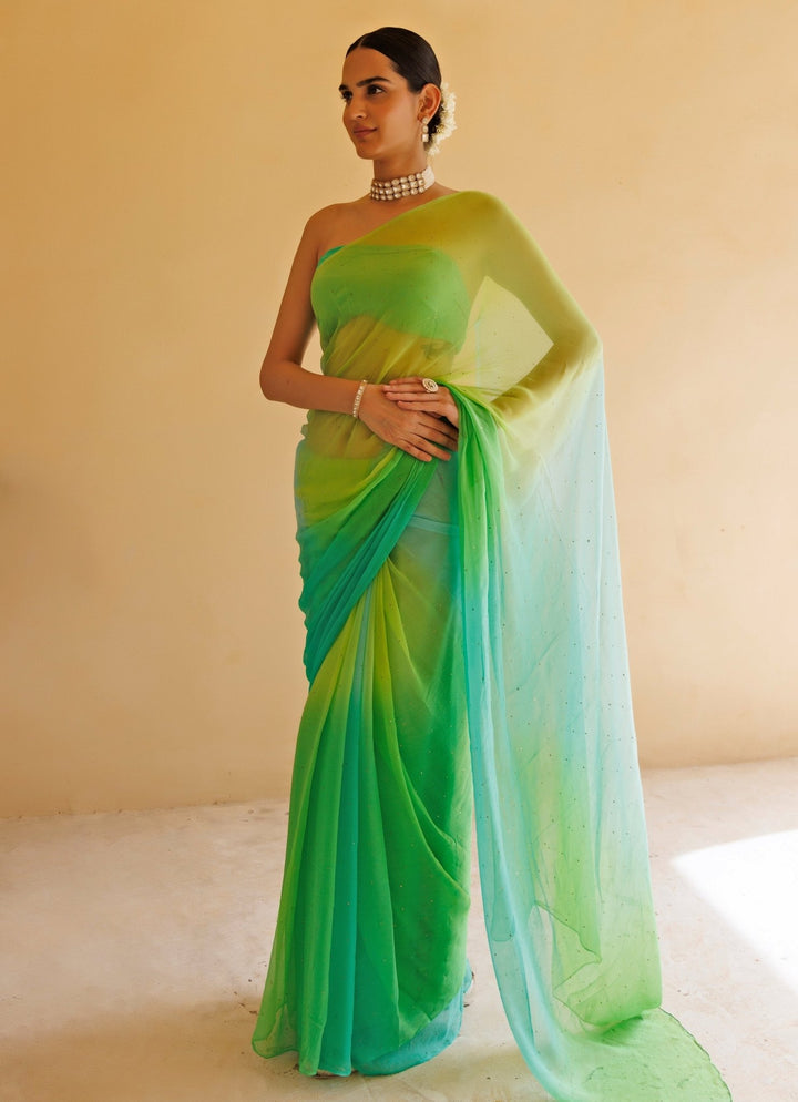 Green Shaded Chiffon Pre - Draped Saree Set Geroo Jaipur - Fabilicious Fashion