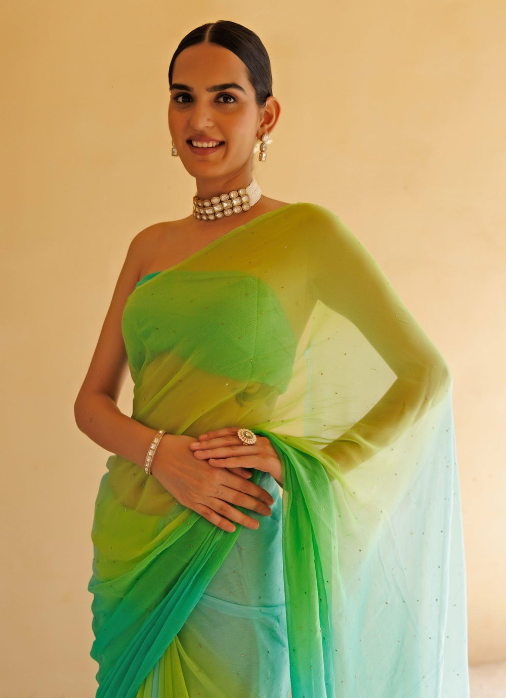 Green Shaded Chiffon Pre - Draped Saree Set Geroo Jaipur - Fabilicious Fashion