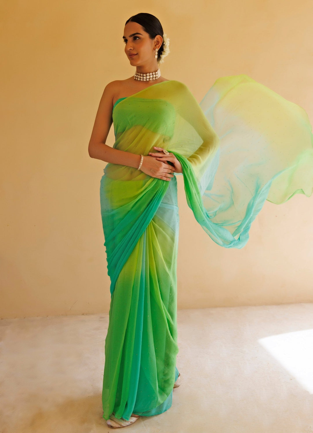Green Shaded Chiffon Pre - Draped Saree Set Geroo Jaipur - Fabilicious Fashion