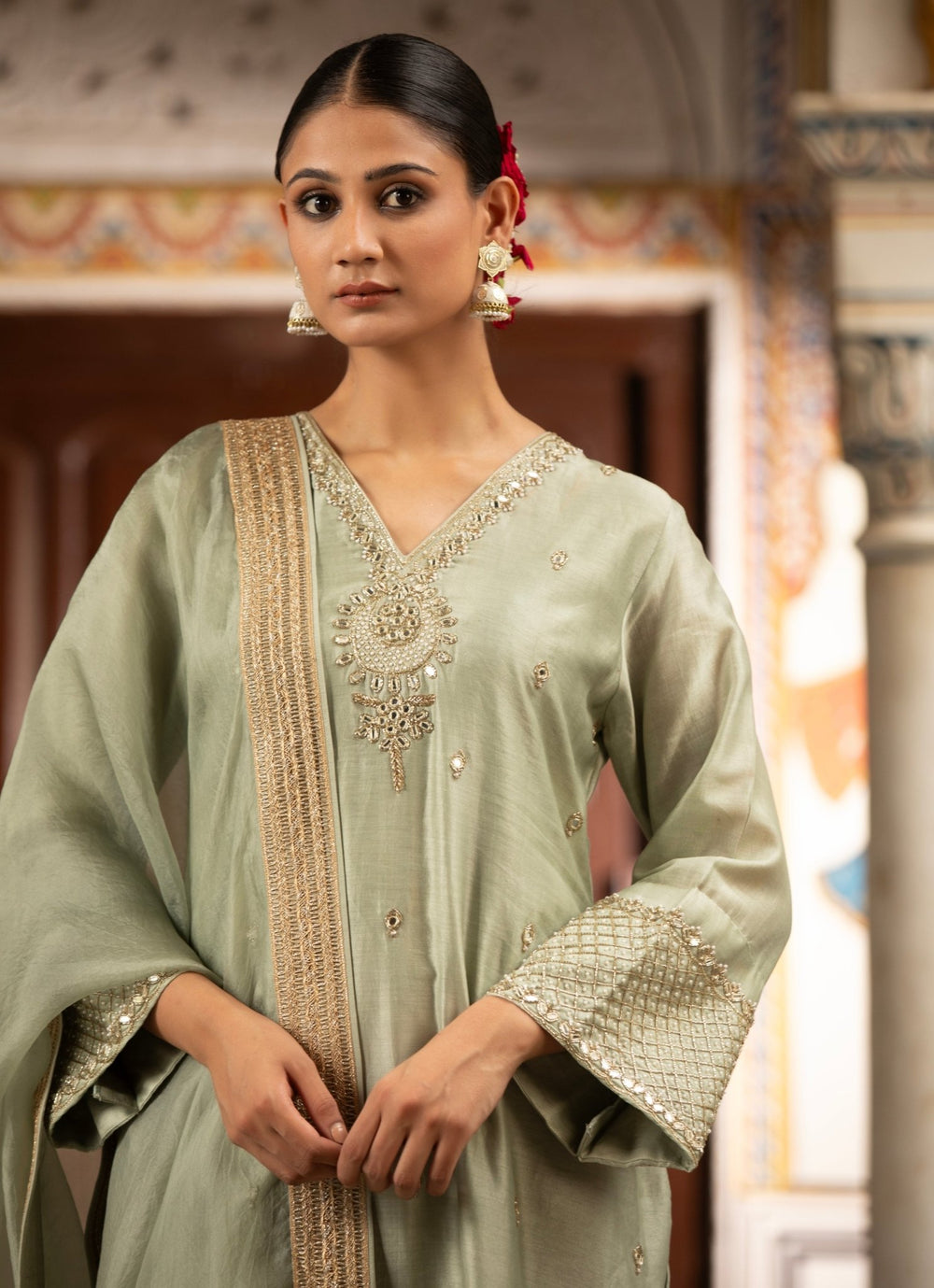 Green Silk Chanderi Kurta Churidar Set Neha Khullar - Fabilicious Fashion