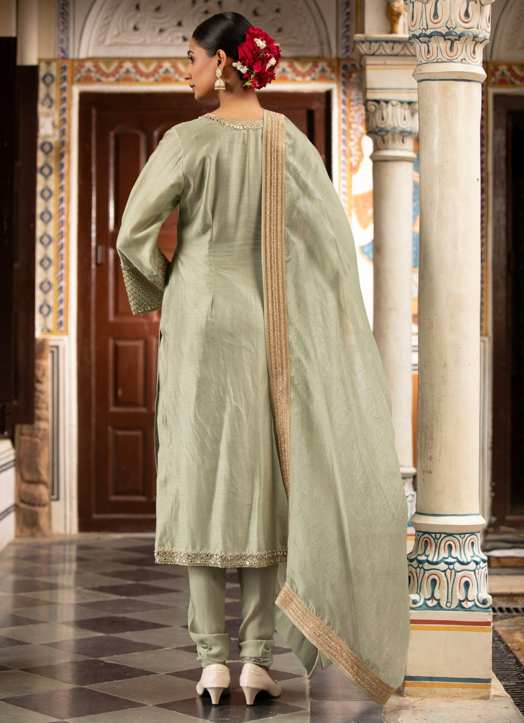 Green Silk Chanderi Kurta Churidar Set Neha Khullar - Fabilicious Fashion