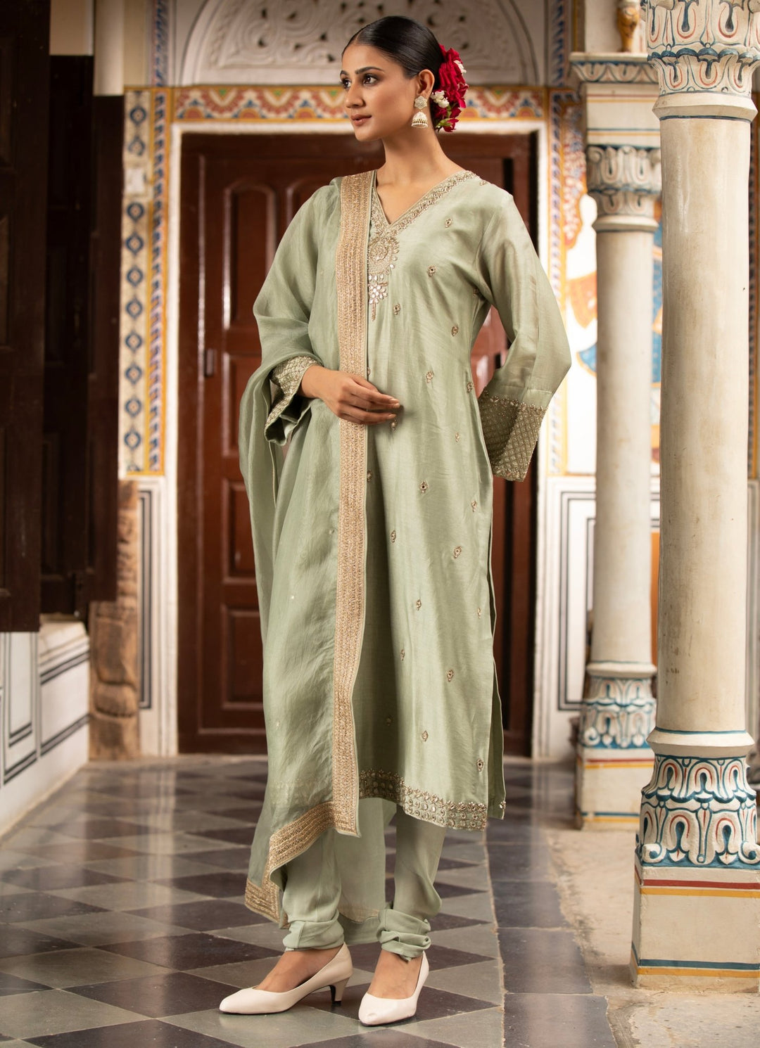 Green Silk Chanderi Kurta Churidar Set Neha Khullar - Fabilicious Fashion