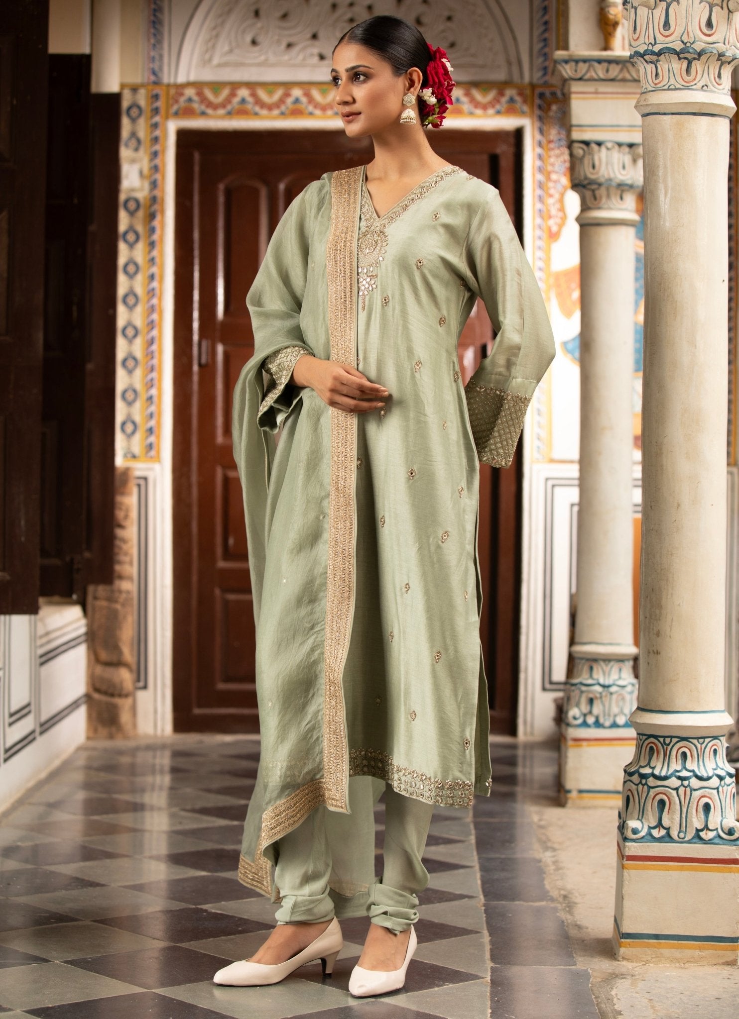 Green silk chanderi kurta churidar set — classic Eid kurta set by Neha Khullar
