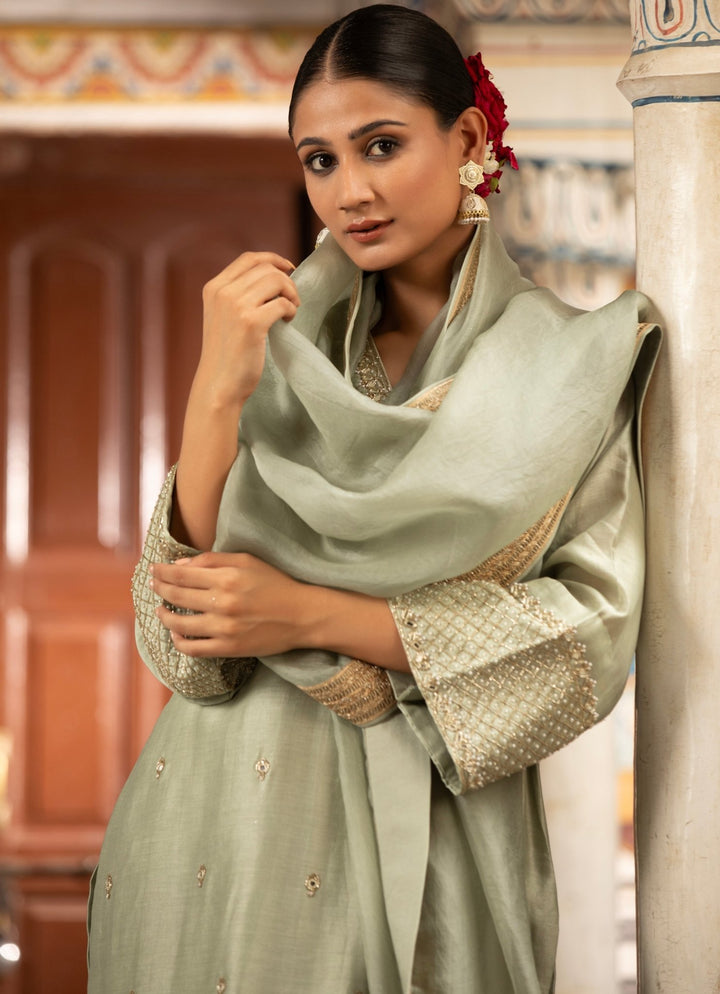 Green Silk Chanderi Kurta Churidar Set Neha Khullar - Fabilicious Fashion