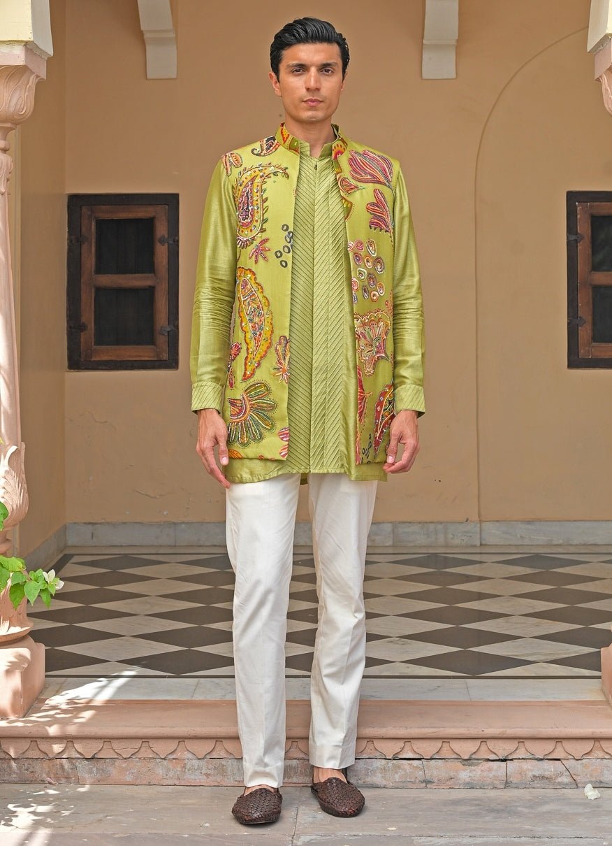 Green Silk Kurta Pants Set with Nehru Jacket Juhi Bengani - Men - Fabilicious Fashion