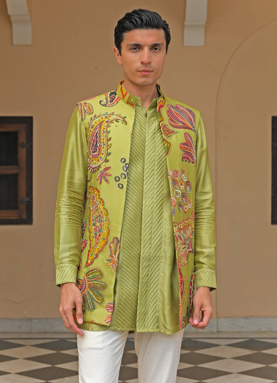 Juhi Bengani - Men Green Silk Kurta Pants Set with Nehru JacketFabilicious Fashion