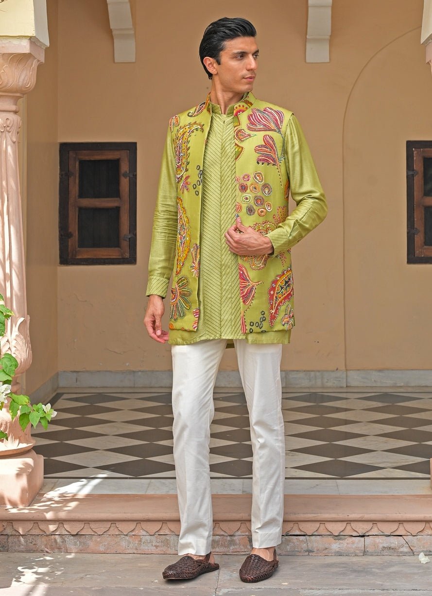 Green Silk Kurta Pants Set with Nehru Jacket Juhi Bengani - Men - Fabilicious Fashion