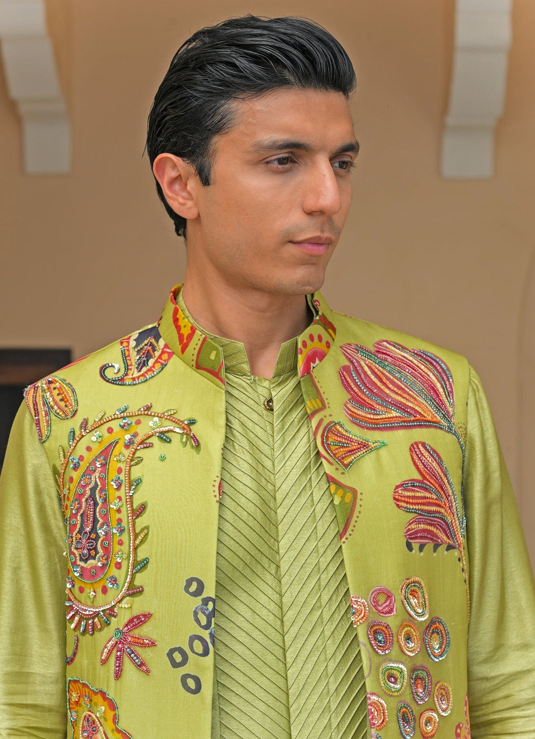 Juhi Bengani - Men Green Silk Kurta Pants Set with Nehru JacketFabilicious Fashion