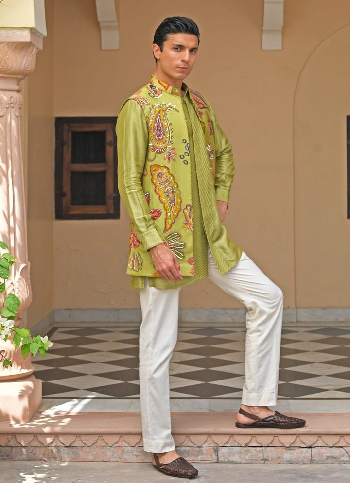 Juhi Bengani - Men Green Silk Kurta Set with Mirrorwork BundiFabilicious Fashion