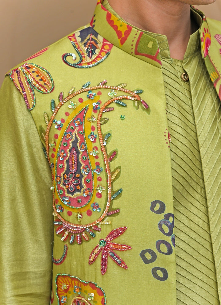 Juhi Bengani - Men Green Silk Kurta Set with Mirrorwork BundiFabilicious Fashion