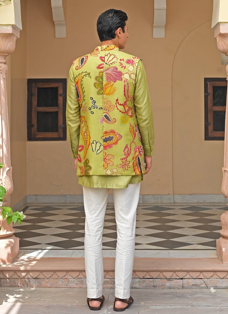 Juhi Bengani - Men Green Silk Kurta Set with Mirrorwork BundiFabilicious Fashion