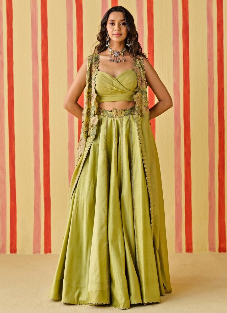 Green Silk Lehenga Set With Cape Studio Bagechaa - Fabilicious Fashion