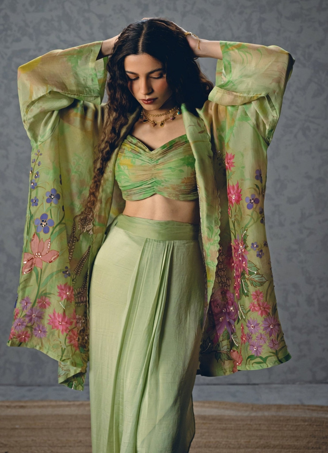 Paulmi and Harsh X Ease Green Silk Organza Skirt Set With JacketFabilicious Fashion