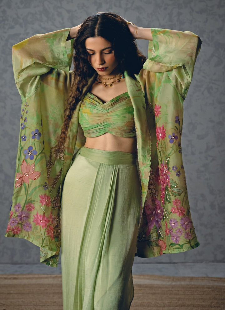 Paulmi and Harsh X Ease Green Silk Organza Skirt Set With JacketFabilicious Fashion