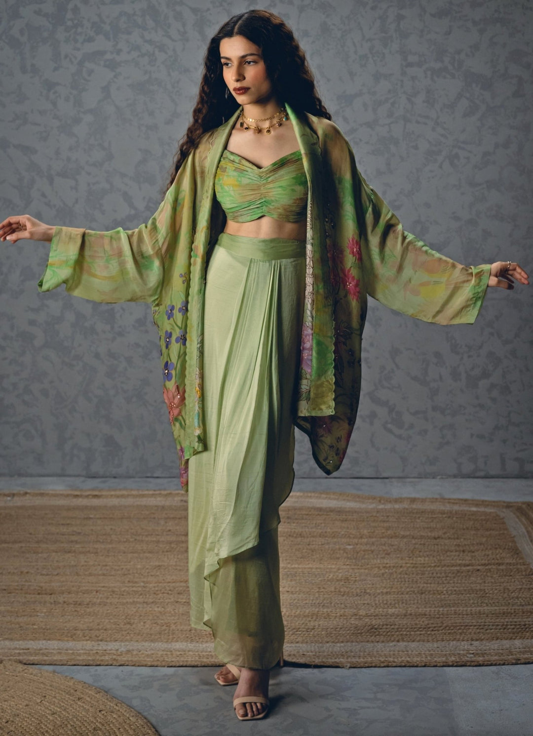 Paulmi and Harsh X Ease Green Silk Organza Skirt Set With JacketFabilicious Fashion