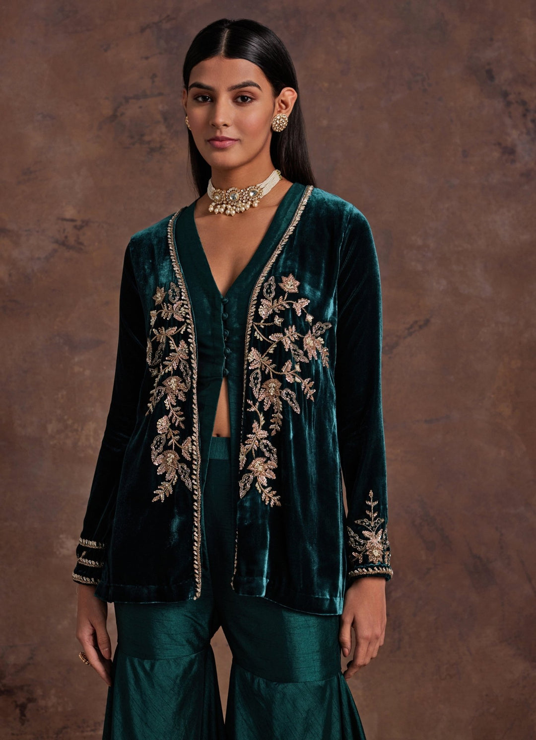 Green Silk Peplum Kurta Sharara Set With Velvet Jacket Sanya Gulati - Fabilicious Fashion