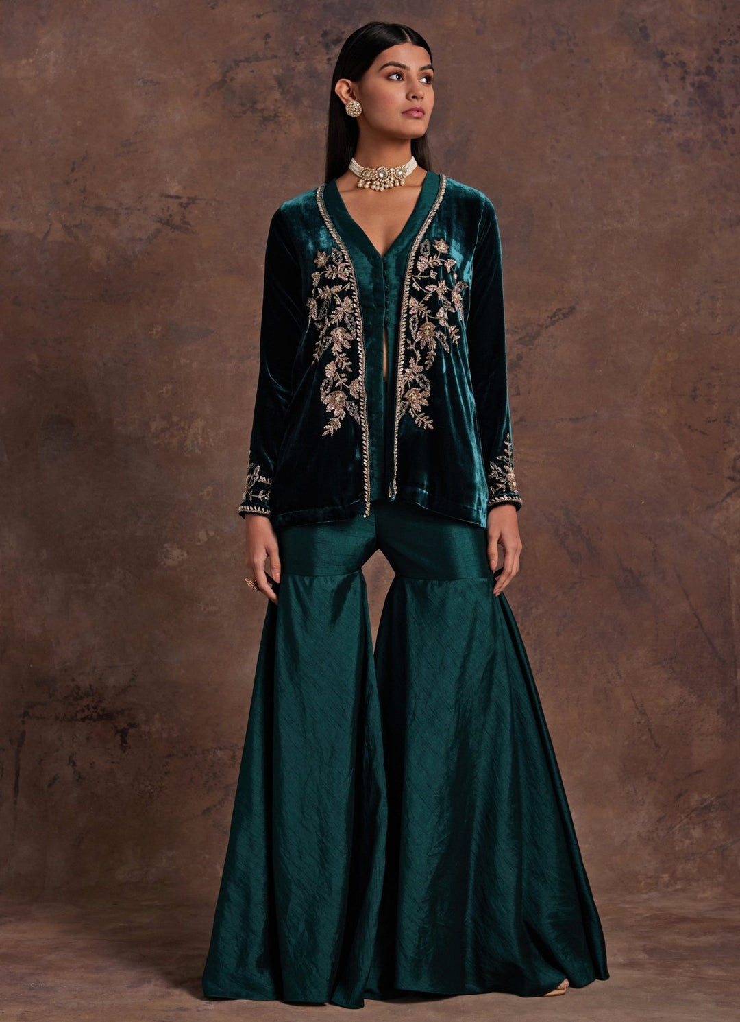 Green Silk Peplum Kurta Sharara Set With Velvet Jacket Sanya Gulati - Fabilicious Fashion