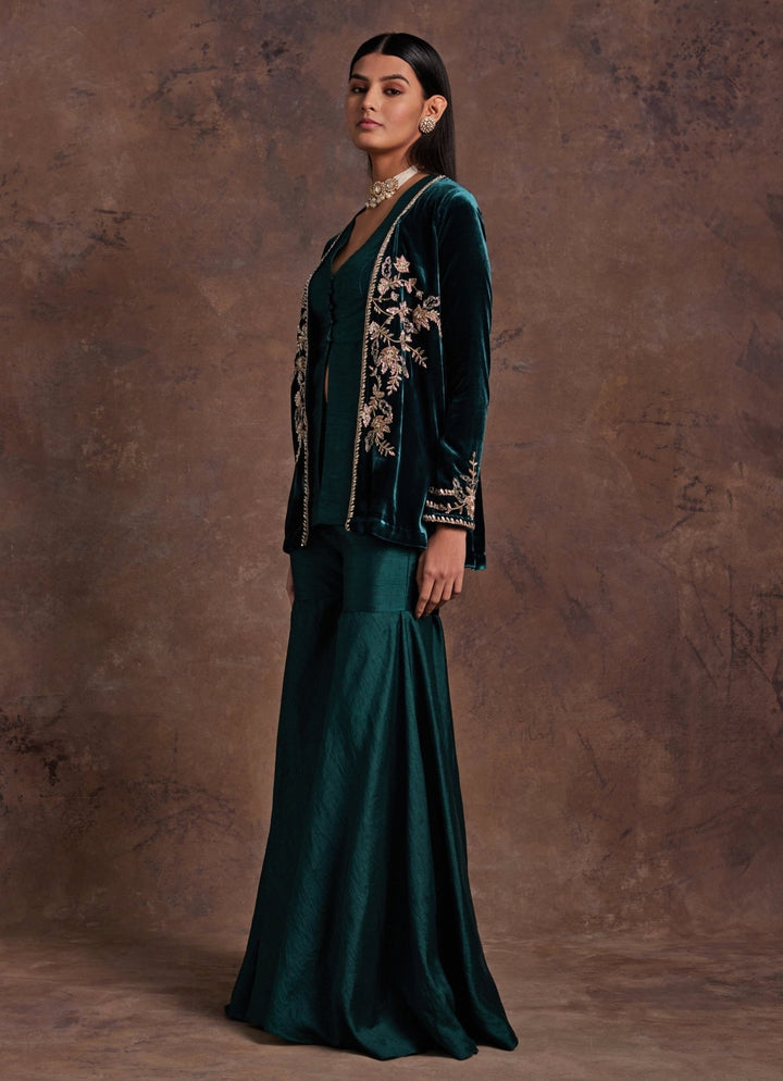 Green Silk Peplum Kurta Sharara Set With Velvet Jacket Sanya Gulati - Fabilicious Fashion