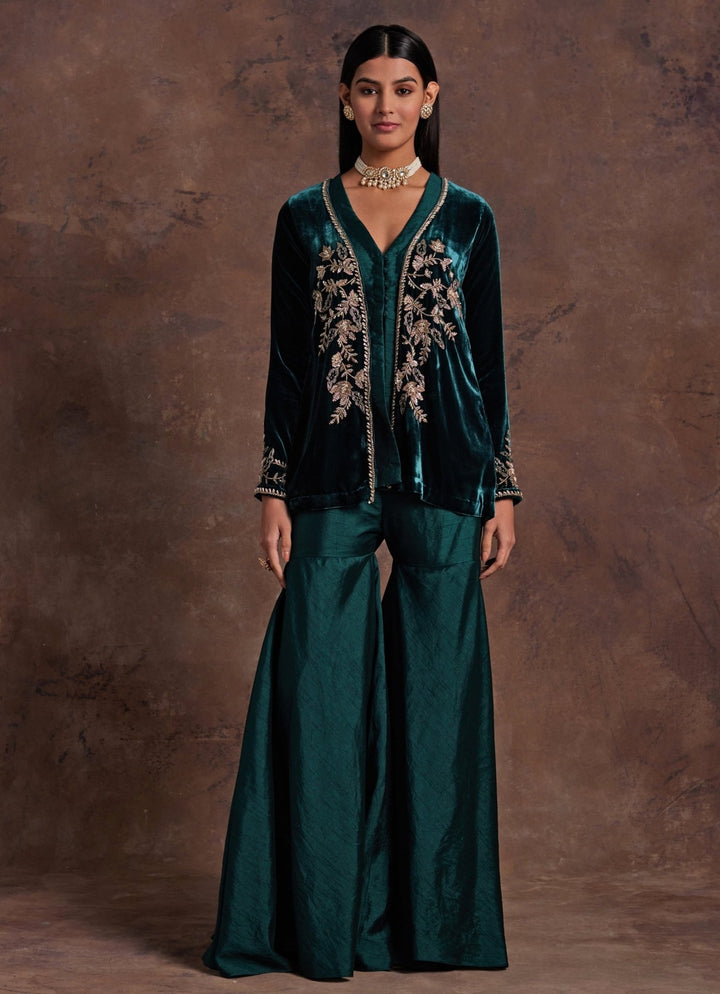 Green Silk Peplum Kurta Sharara Set With Velvet Jacket Sanya Gulati - Fabilicious Fashion