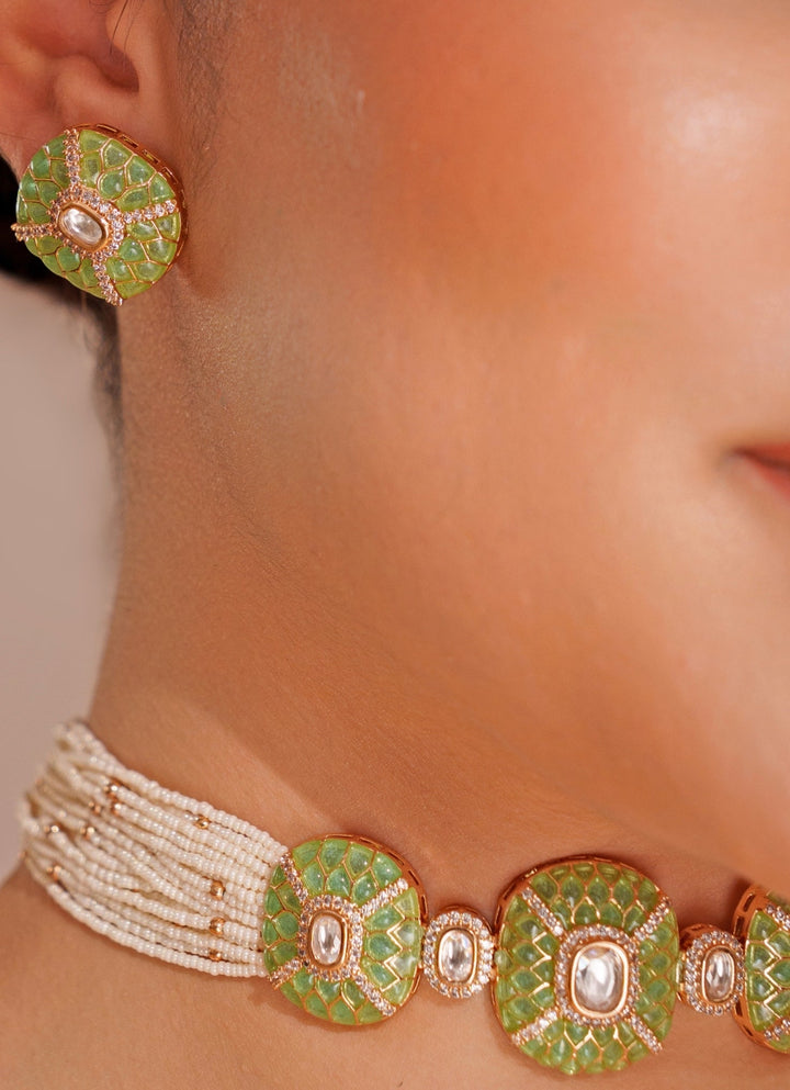 Green Stone 3 Piece Pendant Choker Set With White Beads Zevar by Geeta - Fabilicious Fashion