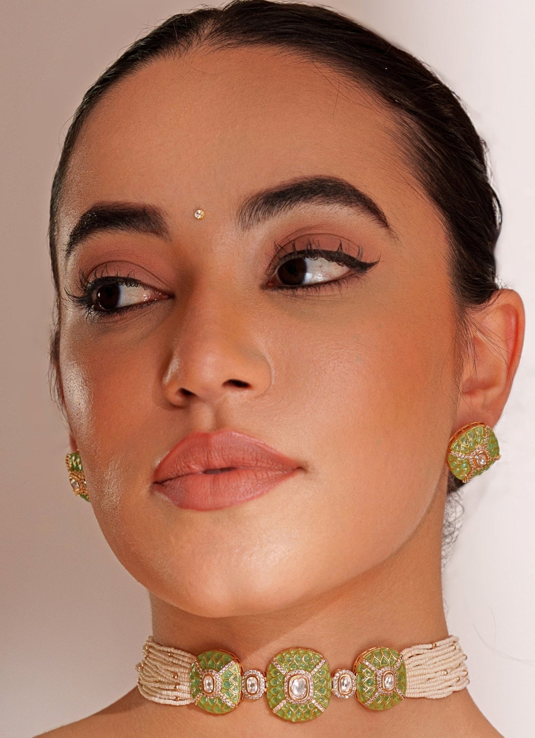 Green Stone 3 Piece Pendant Choker Set With White Beads Zevar by Geeta - Fabilicious Fashion