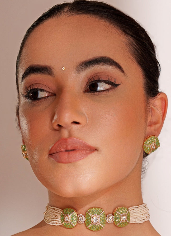 Green Stone 3 Piece Pendant Choker Set With White Beads Zevar by Geeta - Fabilicious Fashion