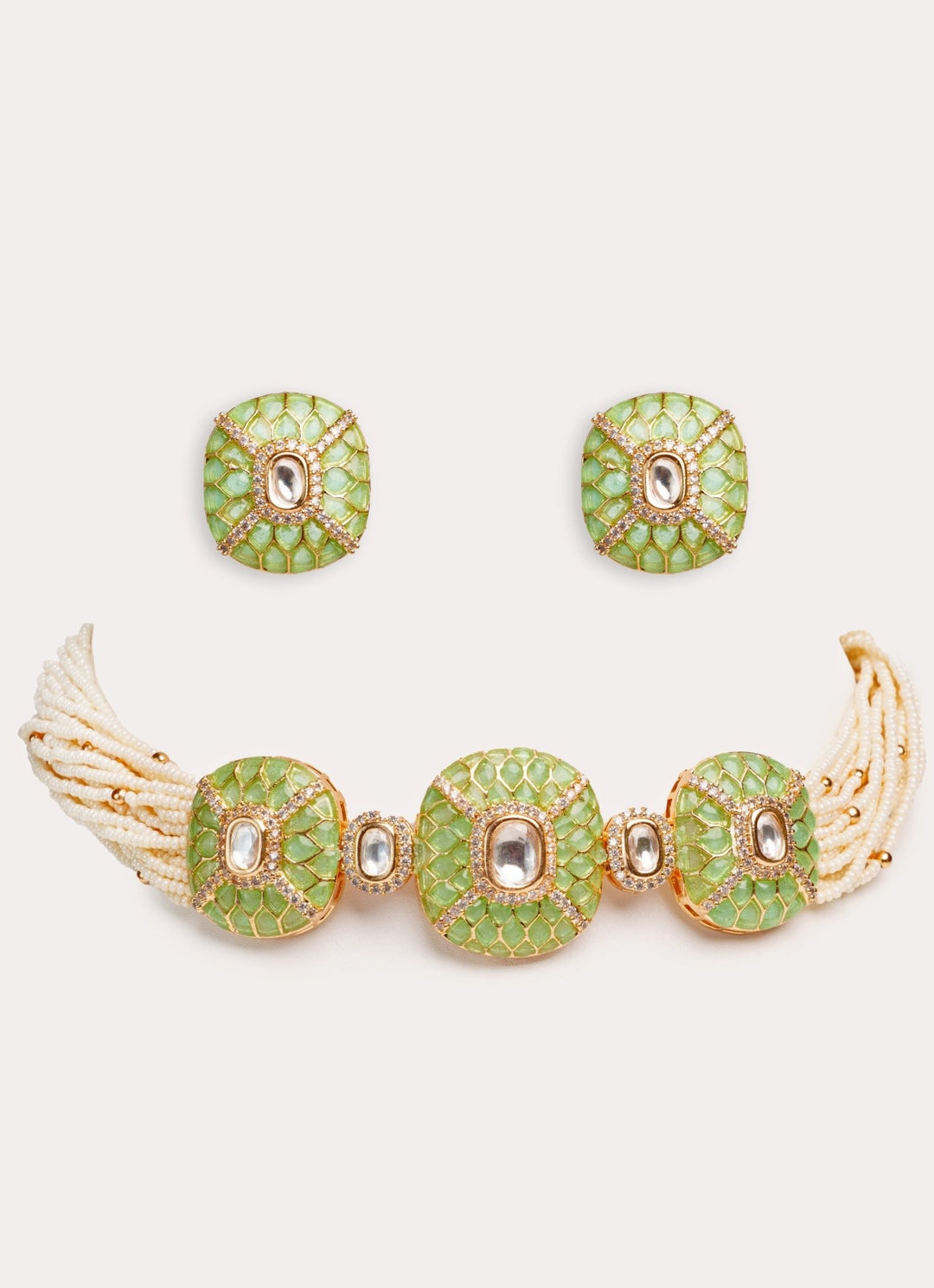 Green Stone 3 Piece Pendant Choker Set With White Beads Zevar by Geeta - Fabilicious Fashion