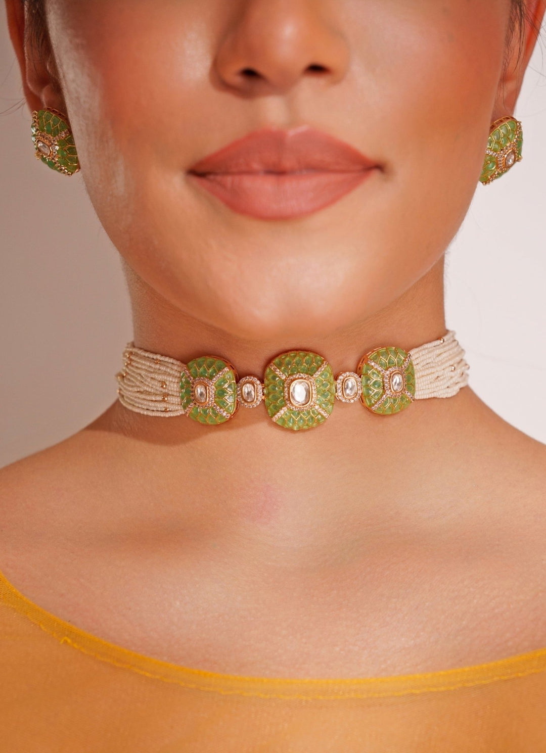 Green Stone 3 Piece Pendant Choker Set With White Beads Zevar by Geeta - Fabilicious Fashion