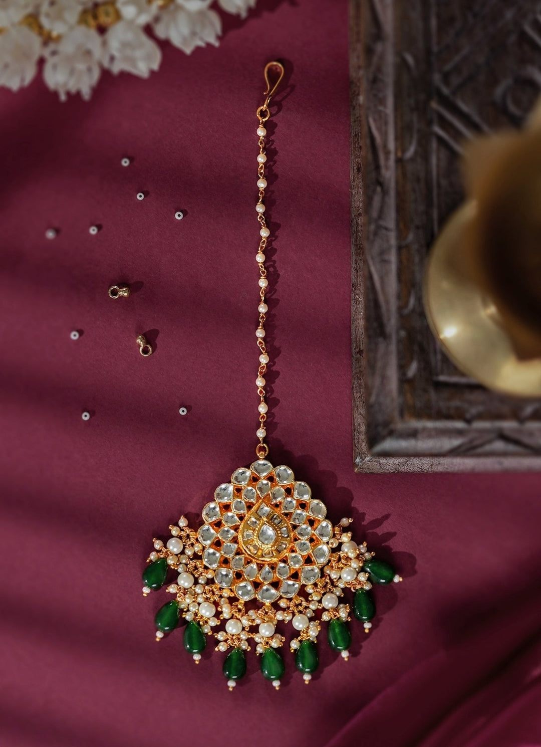 Green Stone And Jadtar Matte Gold Maangtikka Riana Jewellery - Fabilicious Fashion