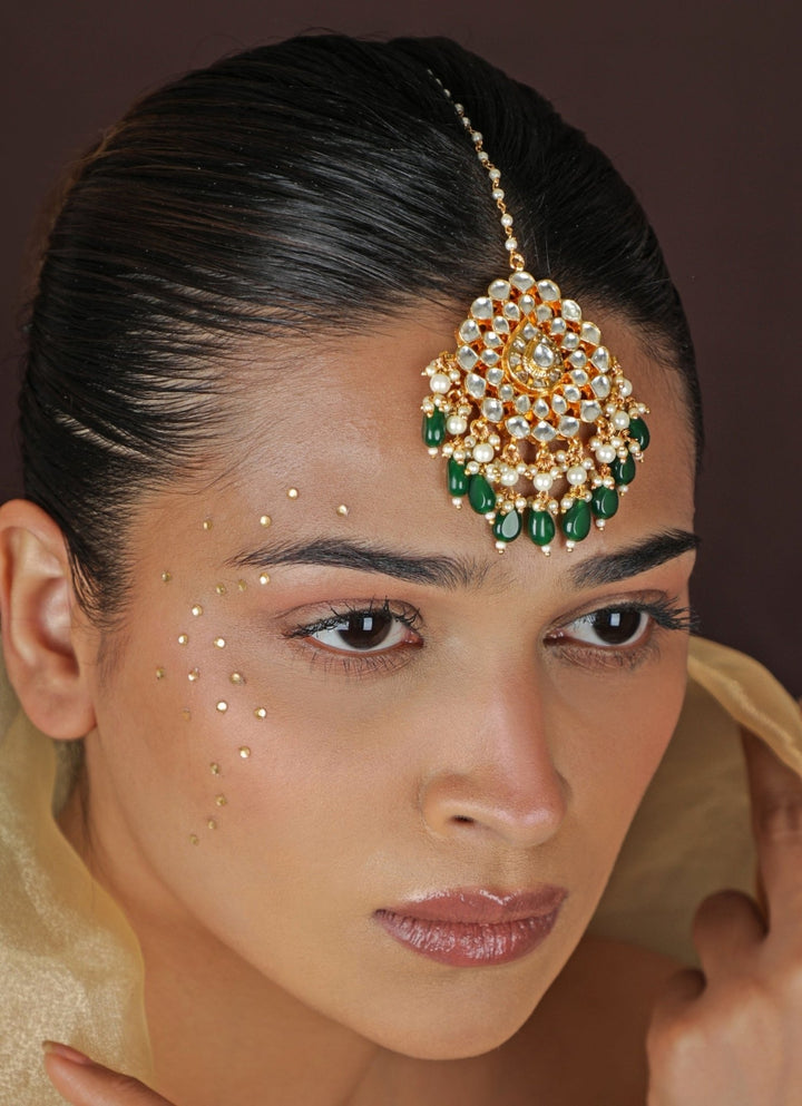 Green Stone And Jadtar Matte Gold Maangtikka Riana Jewellery - Fabilicious Fashion
