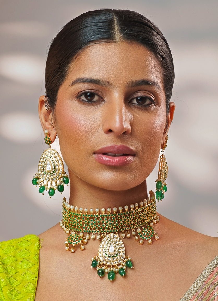 Green Stone And Kundan Jadau Gold Choker Set Zevar by Geeta - Fabilicious Fashion