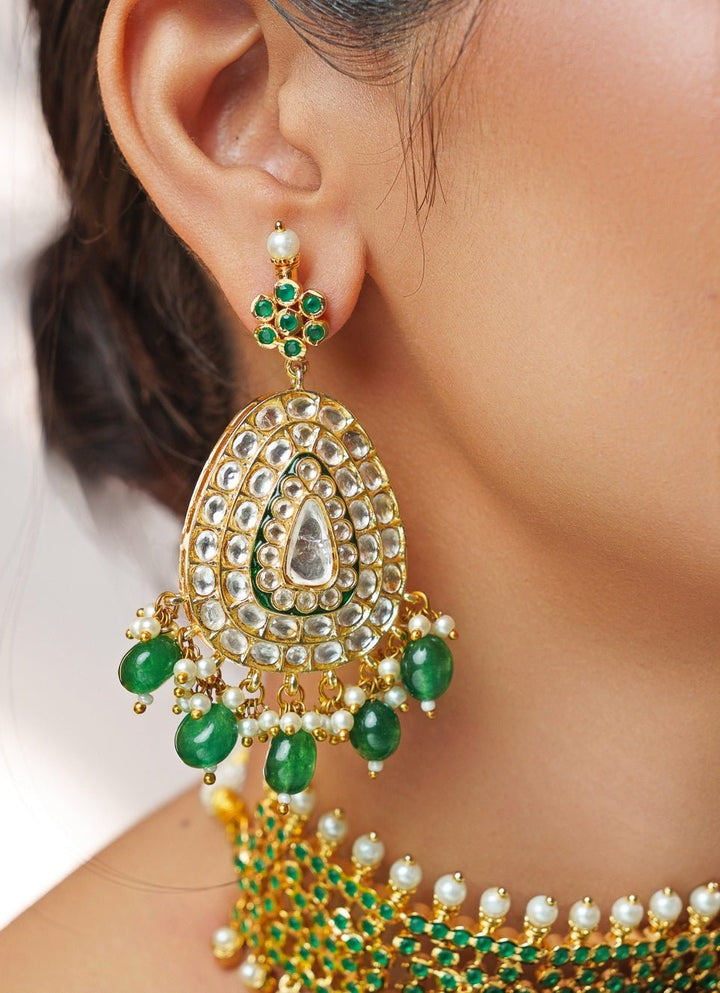 Green Stone And Kundan Jadau Gold Choker Set Zevar by Geeta - Fabilicious Fashion